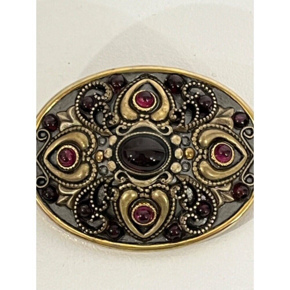 Michal Golan Brooch Pin Garnet Cabochon Gold Tone Filigree‎ Oval Statement